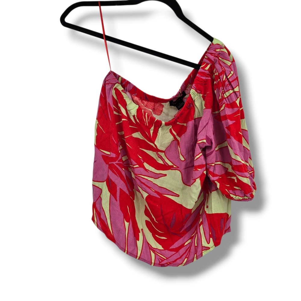 Sanctuary Womensโ One Shoulder Tropical Leaf Print Top Pink Lime Green Small